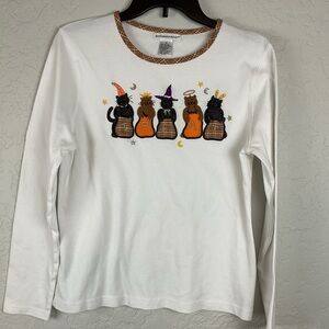 Women’s Reference Point Cat Halloween Novelty Long Sleeve Plaid Detail Shirt Med